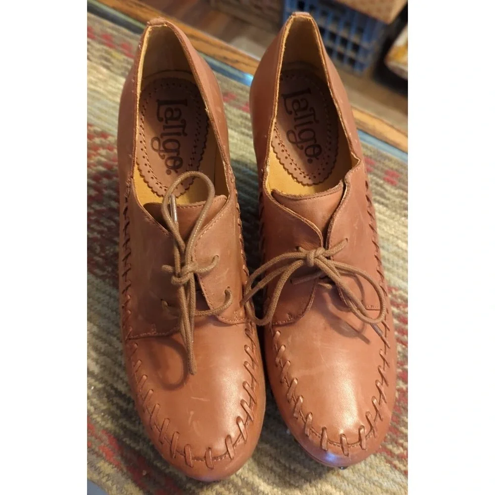 Latigo Womens Tan Leather‎ Wood Sole Platform Shoes Anthropologie 9M Closed Toe